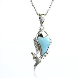 Genuine Larimar Stone Silver Marlin Pendant