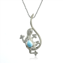 Genuine Larimar Stone Silver Lizard Pendant