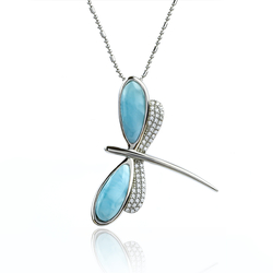 Genuine Larimar Stone Silver Dragonfly Pendant