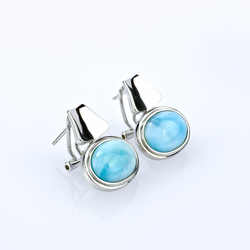 Genuine Larimar Stone Silver Omega Closure Earrings