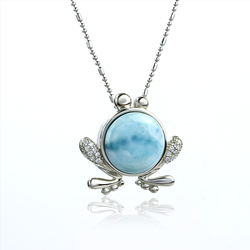 Genuine Larimar Stone Frog Silver Pendant