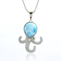 Genuine Larimar Stone Octopus Silver Pendant