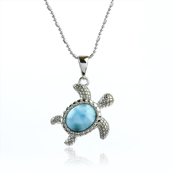 Genuine Larimar Stone Sea Turtle Silver Pendant