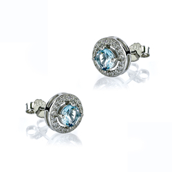 Brilliant-Cut Silver Solitaire Halo Earrings with Aquamarine 9 mm