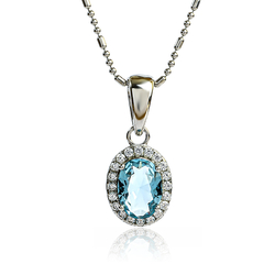 Oval-Cut Silver Solitaire Halo Pendant with Aquamarine