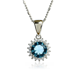 Brilliant-Cut Silver Solitaire Halo Pendant with Aquamarine