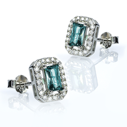 Emerald Cut Aquamarine Halo Silver Earrings 9 mm x 6 mm