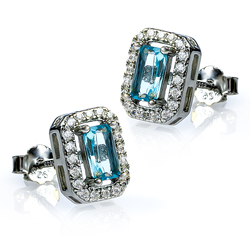 Emerald Cut Aquamarine Halo Silver Earrings