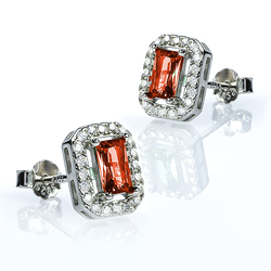 Emerald Cut Fire Opal Halo Silver Earrings