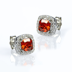 Princess Cut Fire Opal Halo Sterling Silver Earrings