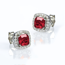 Princess Cut Ruby Halo Sterling Silver Earrings