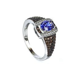 Silver 7 mm x 5 mm Tanzanite & Chocolate Diamond Silver Ring