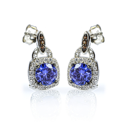 Silver Princess Cut Tanzanite Chocolate Diamond Set Earrings Pendant