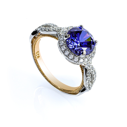 8 mm Tanzanite Silver Ring with Yellow Gold