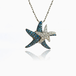 0.77 ctw White 14K Gold Star Fish Blue and White Diamond Pendant