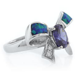 Bow Shape Australian Opal Ring with Tanzanite