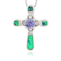 Exquisite Australian Opal Cross Pendant with Tanzanite