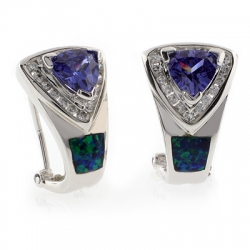 Omega Back Australian Opal with Tanzanite Earrings