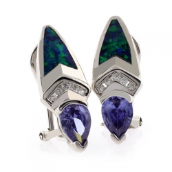 Omega Clip Australian Opal with Tanzanite Earrings