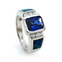 Emerald Cut Tanzanite and Opal Ring in Sterling Silver