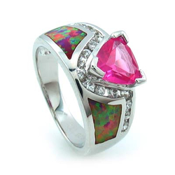 Bezel Set Opal and Red Ruby Ring in Sterling Silver with White Gold Plating