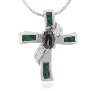 Opal and Mystic Topaz Silver Cross Pendant