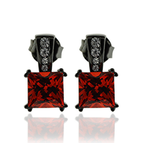 Gorgeous Princess Cut Fire Opal Earrings with Simulated Diamonds and Oxidized Silver