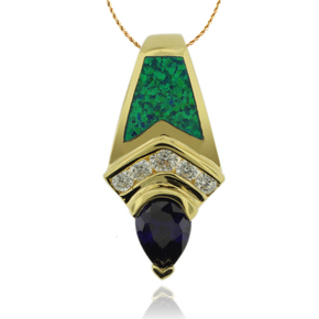 Precious Gold Plated Pendant with Drop Cut Tanzanite and Australian Opal