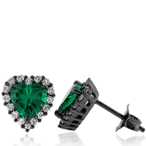 Beautiful Heart Shape Emerald and Black Silver Earrings with Simulated Diamonds