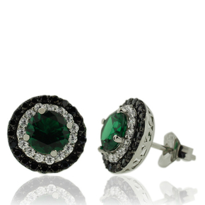 Beautiful Sterling Silver Earrings With Round Cut Emerald