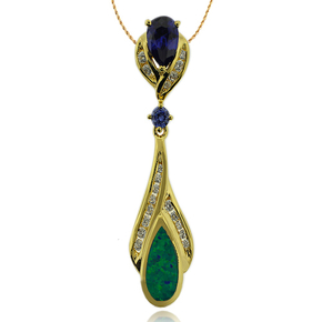 Gold Plated Pendant With Drop Cut Tanzanite and Australian Opal