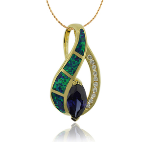 Wonderful Gold Plated Pendant With Marquise Cut Tanzanite and Australian Opal