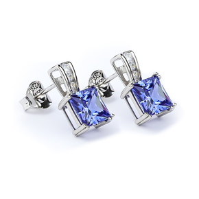 Silver Princess Cut Earrings with Tanzanite