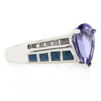 Solid 14k White Gold Australian Opal Ring with Tanzanite