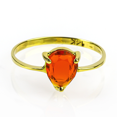 Natural Pear Cut Mexican Fire Cherry Opal 14K Gold Ring