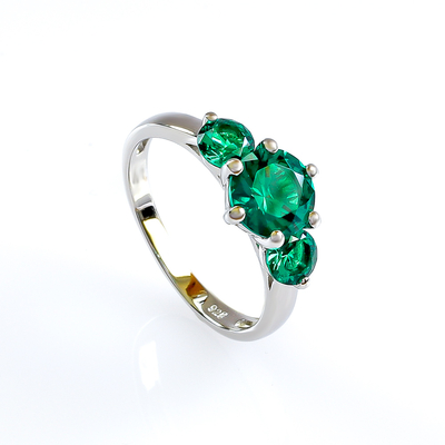 3 Stone Emerald Silver Ring