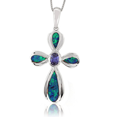 Beautiful Australian Opal Cross Pendant with Tanzanite