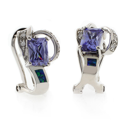 Opal Earrings with Emerald Cut Tanzanite