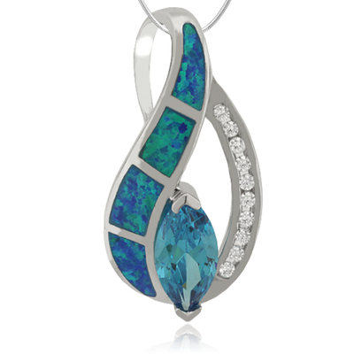 Marquise Cut Blue Topaz and Opal Silver Pendant
