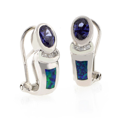 Blue Opal Oval Cut Tanzanite Silver Earrings