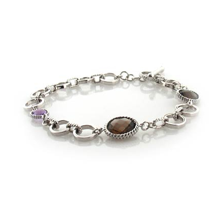 Genuine Amethyst and Smoked Quartz Silver Bracelet