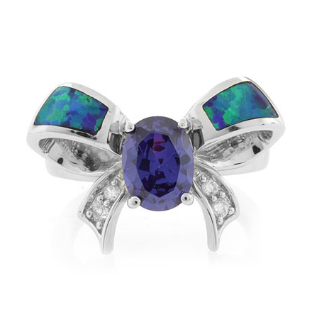 Bow Shape Australian Opal Ring with Tanzanite