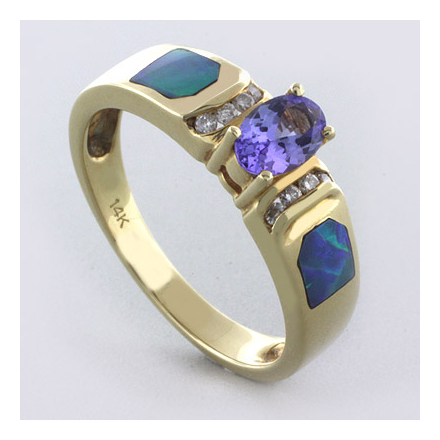 Genuine Australian Opal and Tanzanite 14 Karat Gold Ring with Diamonds