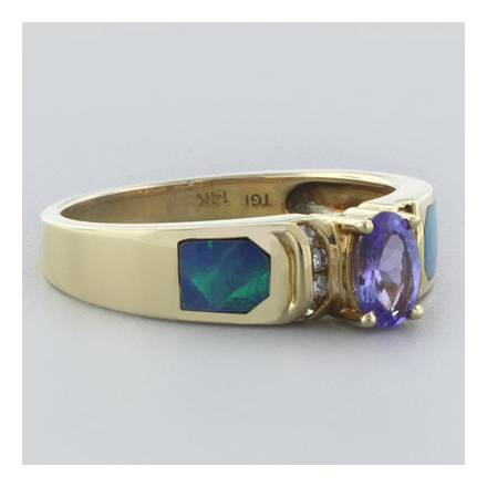 Genuine Australian Opal and Tanzanite 14 Karat Gold Ring with Diamonds