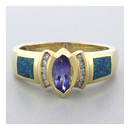 Blue Opal with Tanzanite Yellow Gold Ring in 14K