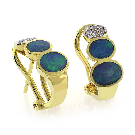 Genuine Black Opal Omega Closure Diamond 14k Yellow Gold Earrings