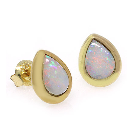 14K Yellow Gold Genuine White Opal Studs