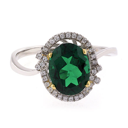 Beautiful Oval Cut Emerald Gold Prong Micro Pave Silver Ring