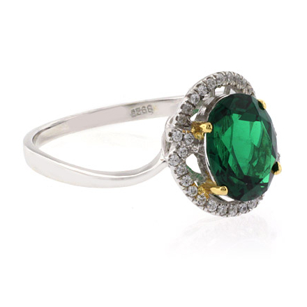 Beautiful Oval Cut Emerald Gold Prong Micro Pave Silver Ring