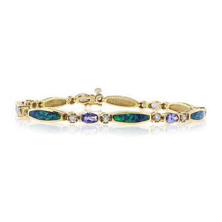 Genuine Tanzanite and Australian Opal Solid Gold Bracelet